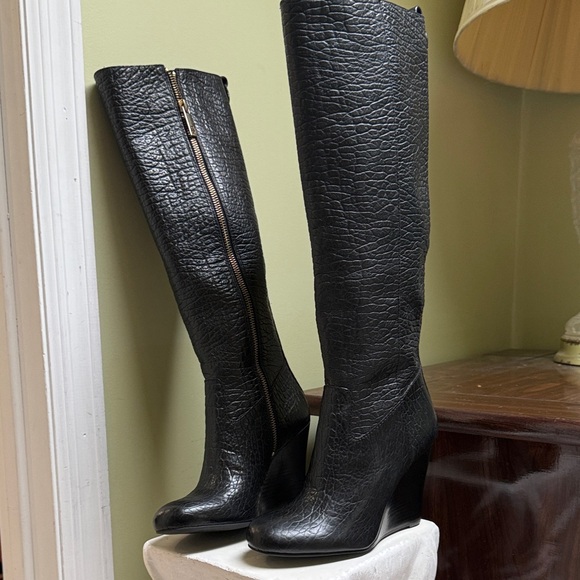 Tory Burch Knee High Boots Dabney Black Croc Textured...